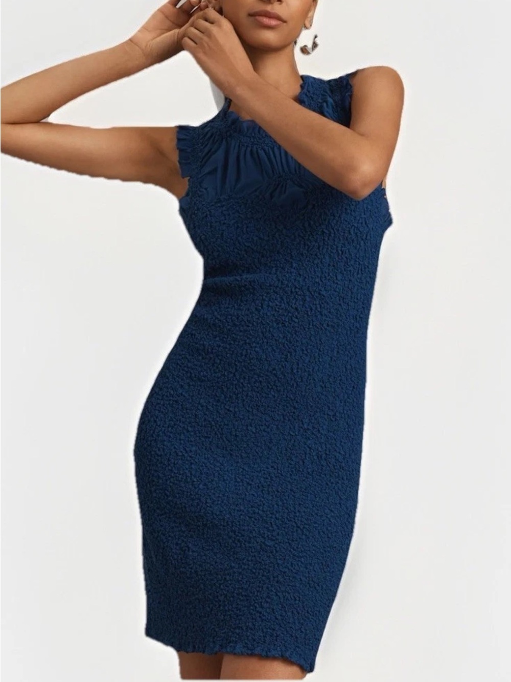 Anthropologie Ruffle Blue Mock-Neck Textured Dress Large Smocked Ruched Evening